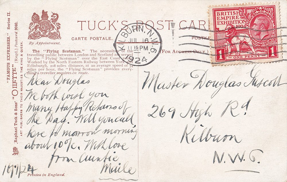 Rear of vintage postcard featuring the Flying Scotsman train.