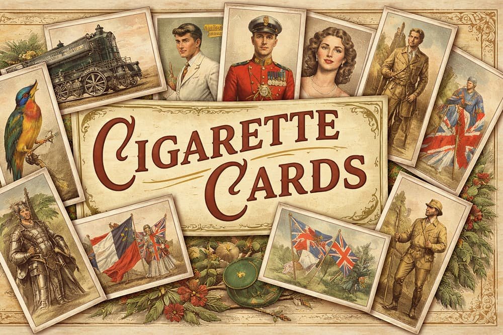 cigarette-cards-vintage-thumbnail Vintage cigarette cards illustration showing themes including sport, transport, and military.