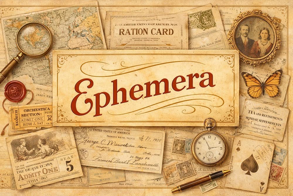 ephemera-vintage-thumbnail Vintage ephemera illustration showing themes including tickets, maps, invoices, advertisements.