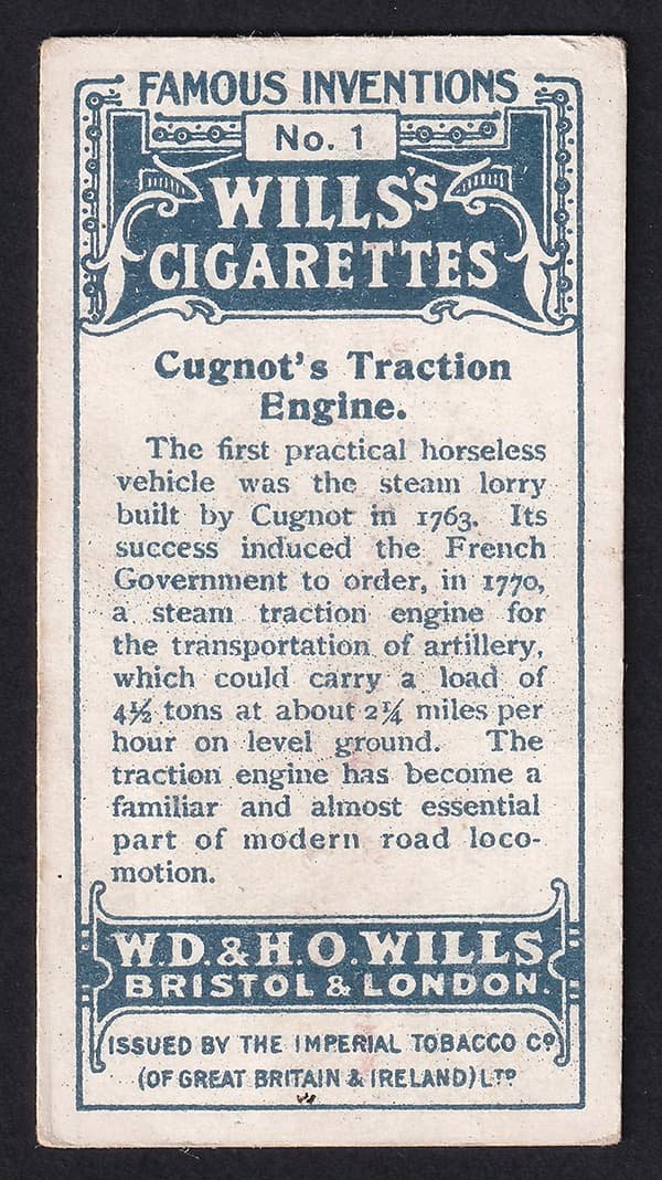 Cugnot's Traction Engine cigarette card rear