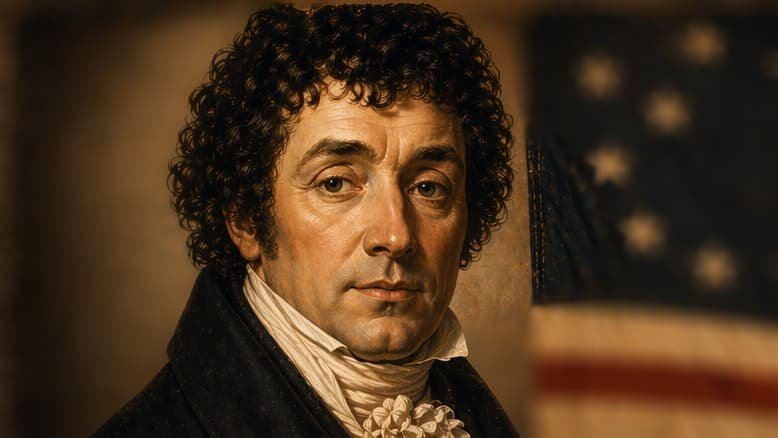 Portrait of Francis Scott Key with samerican flag behind.