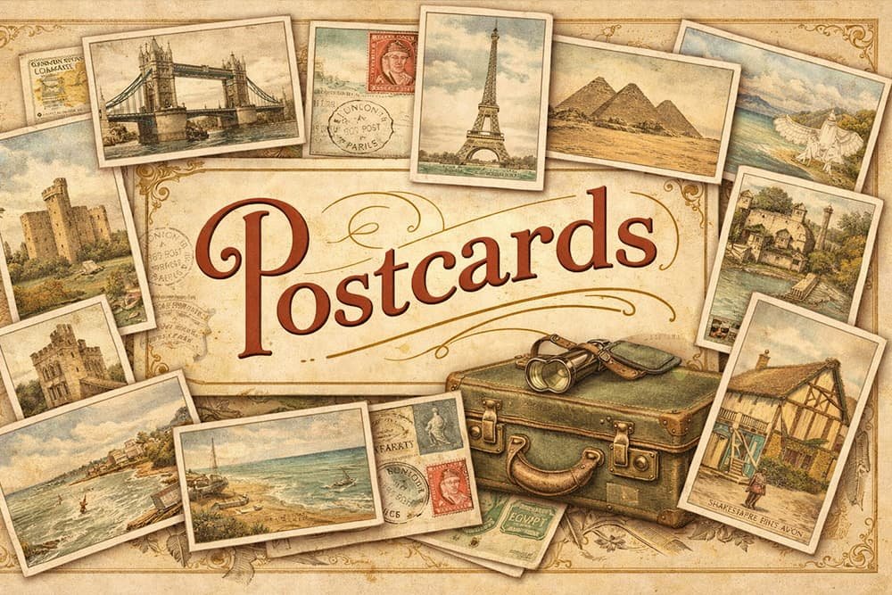 postcards-vintage-thumbnail Vintage postcards illustration showing themes including travel, transport and castles.