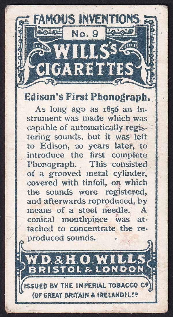Edison's First Phonograph - Cigarette Card - back